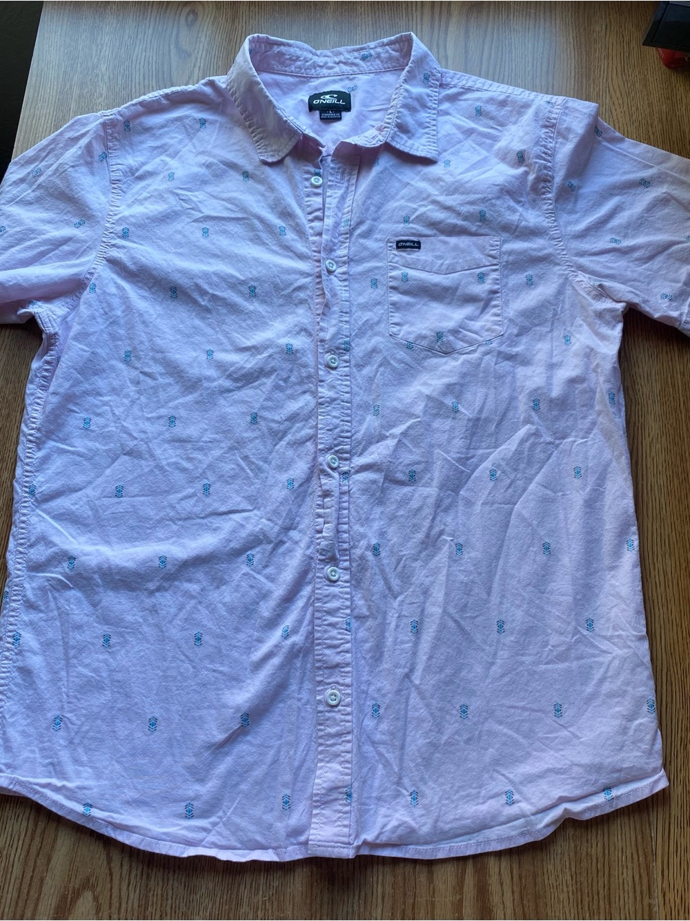 O'Neill Men's Cotton Pale Pink Short Sleeve Button Up Shirt with Teal Accents